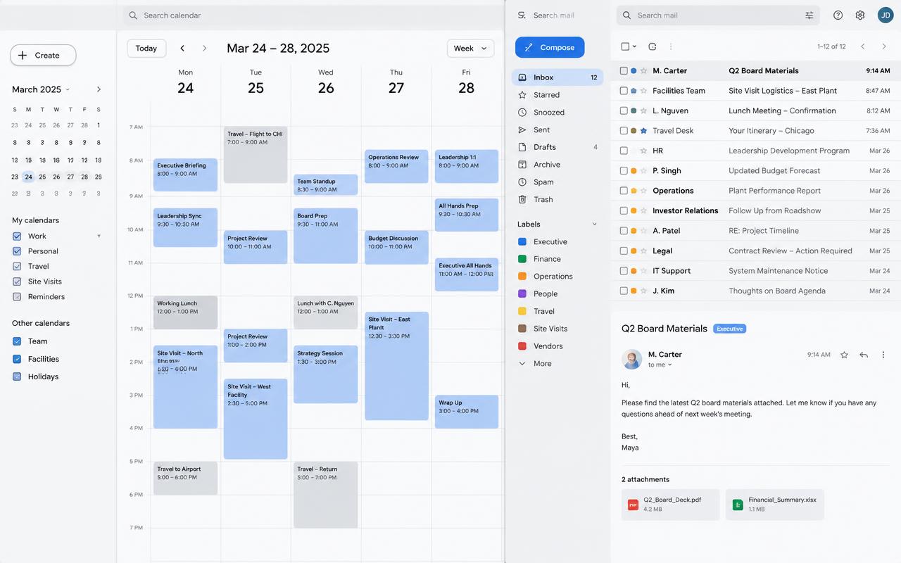 Sample of the calendar and inbox system set up for the managing director
