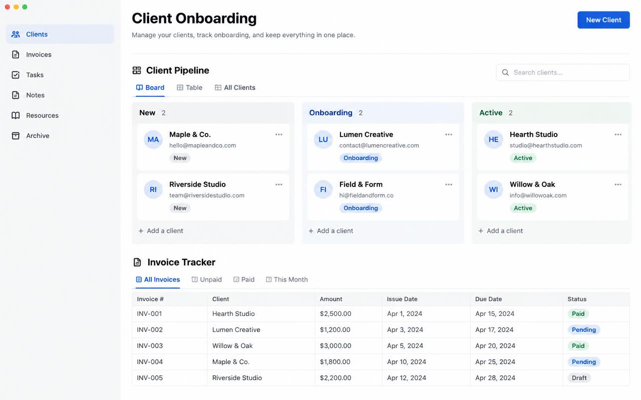 Sample of the client onboarding board and invoice tracker